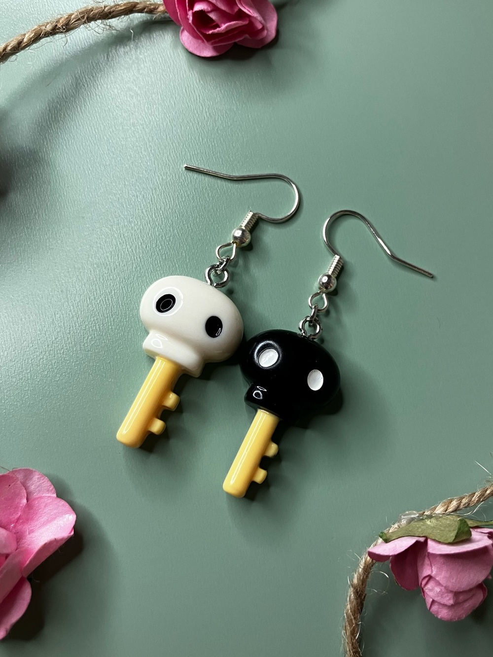 Mismatch Halloween White and Black Skull Skeleton Key Earrings | Handmade